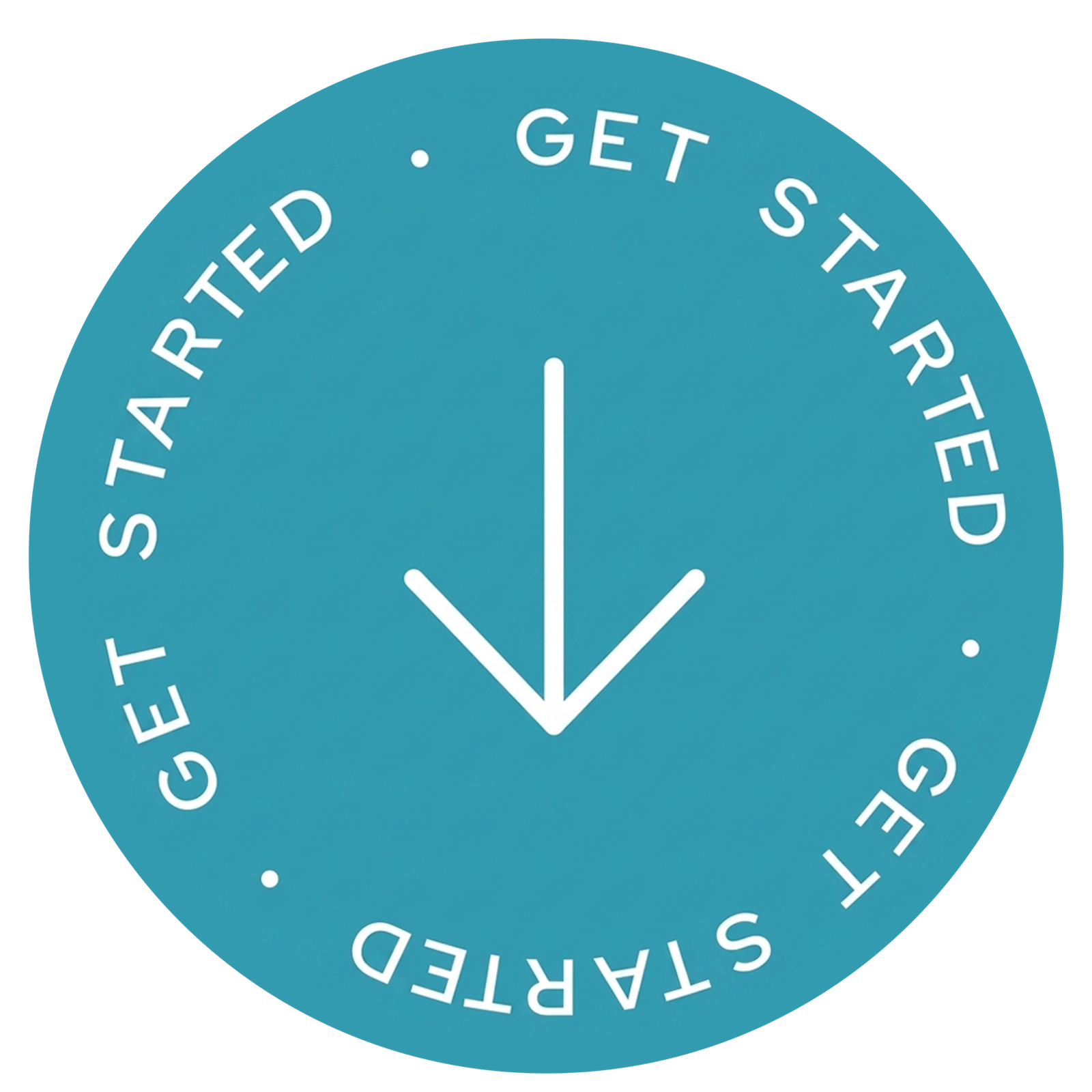 Circular teal graphic reading "GET STARTED" with a white arrow, representing marketing, graphic design, and custom apparel services by Aubrenix in SWFL.